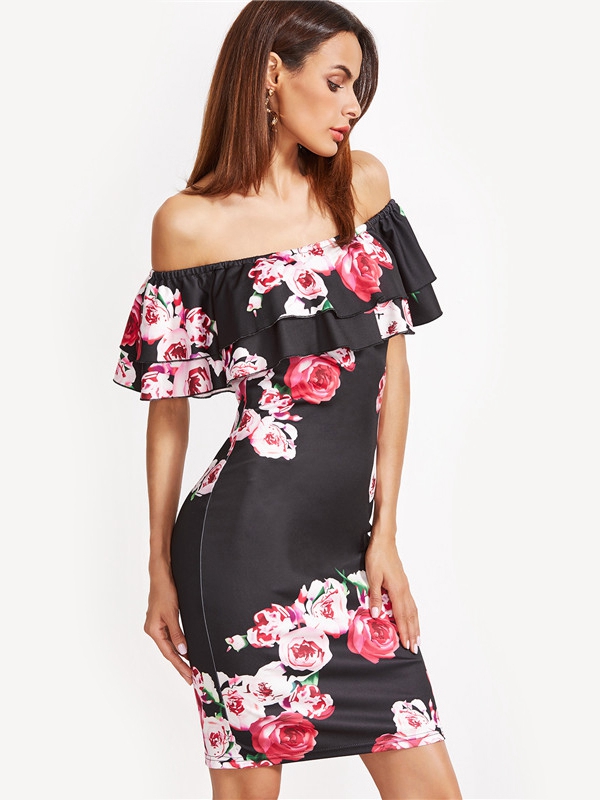 New Style Flounce Layered Neckline Flower Print Dress