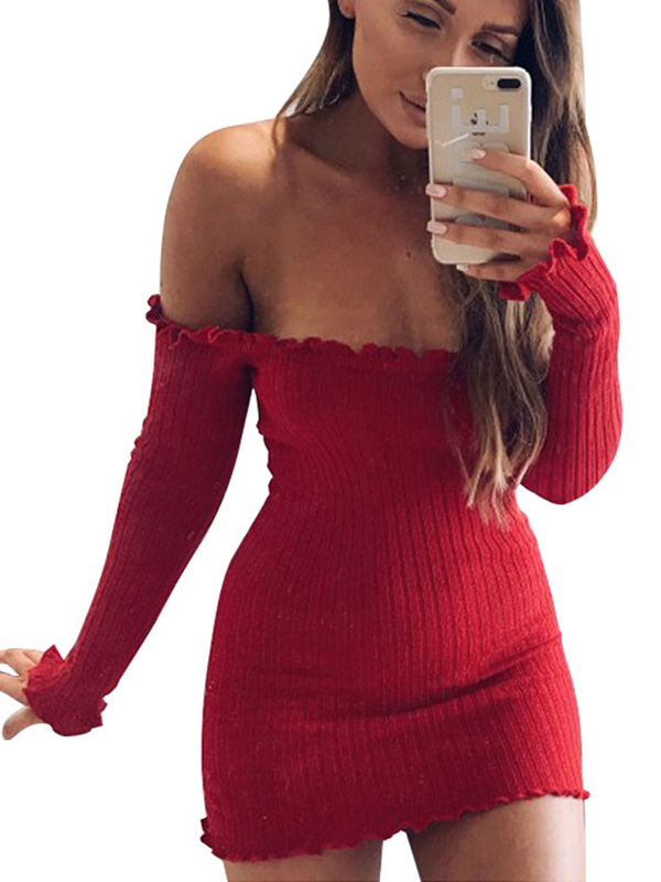 Red Sexy Off Shoulder Sweater Dress