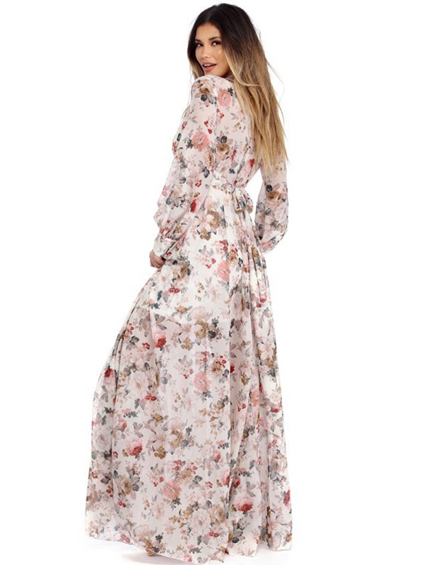 V-Neck Design Long Sleeve Floral Maxi Dress