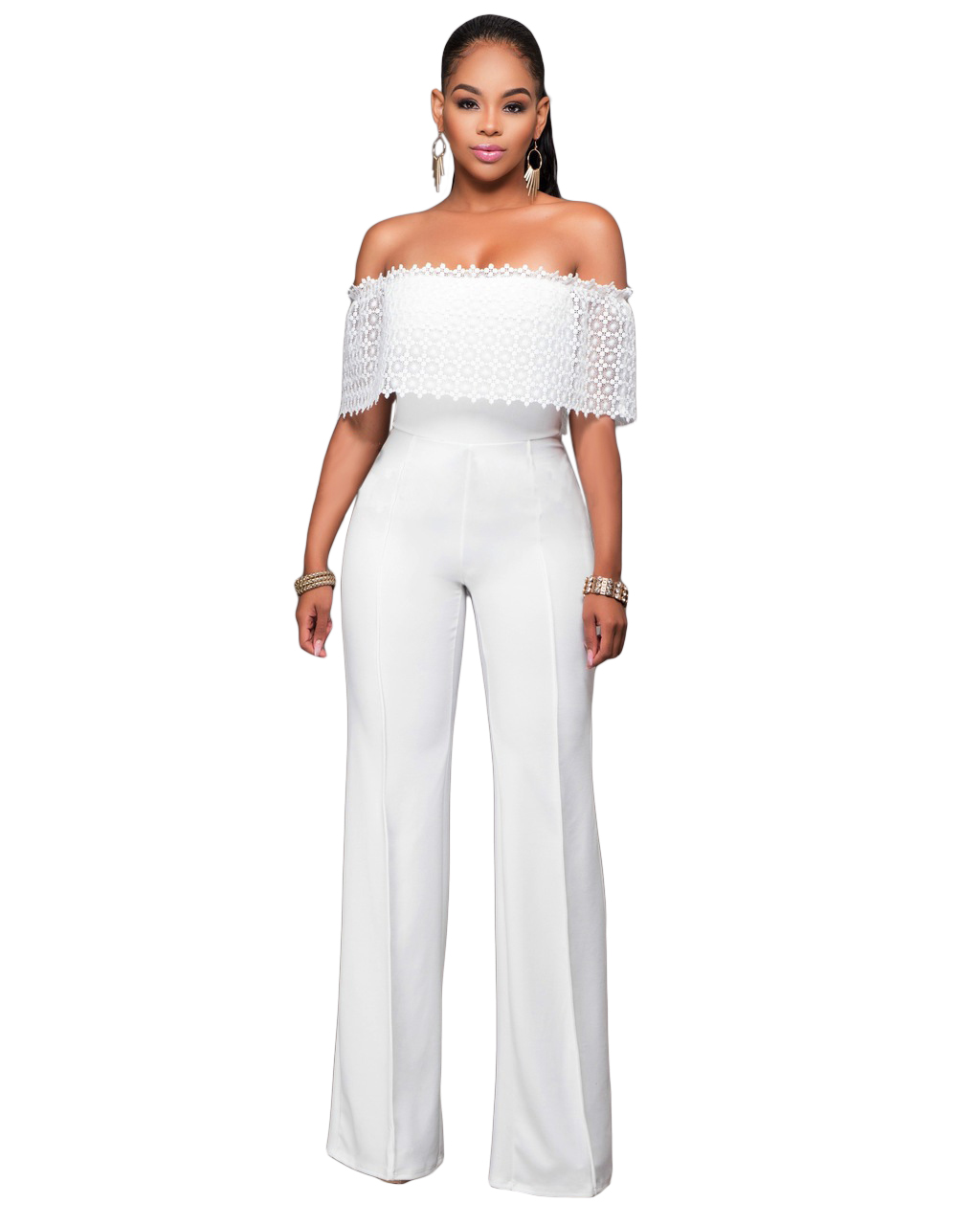 White Lace Up Ruffle Overlay Strapless Jumpsuit