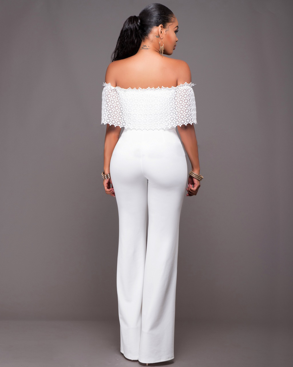 White Lace Up Ruffle Overlay Strapless Jumpsuit
