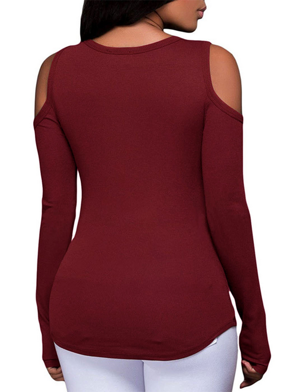Wine Red Long Sleeve Cut-out Shoulder Ribbed Top