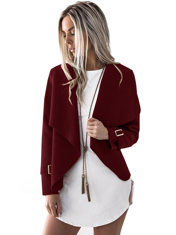 Wine Red Long Sleeve Plain Jacket with Turndown Collar