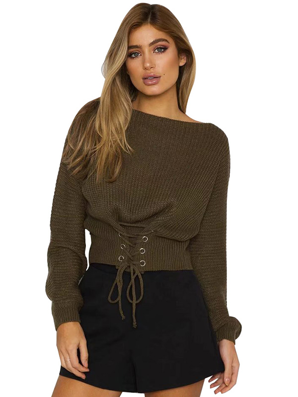 Women Sexy Lace-Up Crop Sweaters
