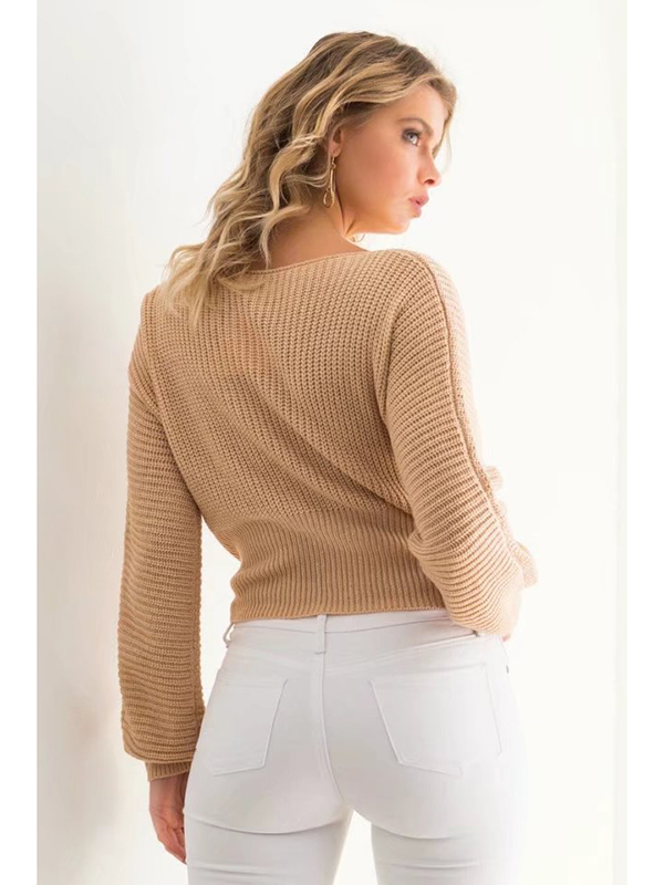 Women V-Neck Crop Sweaters with Hook Hem