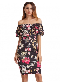 Black Flounce Layered Neckline Flower Print Dress