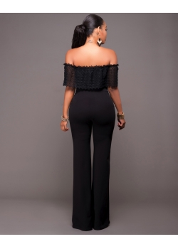 Black Lace Up Ruffle Overlay Strapless Jumpsuit