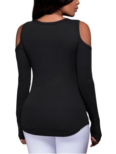 Black Long Sleeve Cut-out Shoulder Ribbed Top
