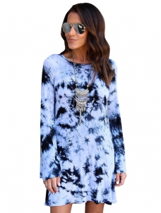 Blue Long Sleeve Print Shirt Dress