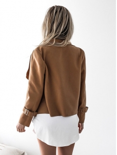 Brown Long Sleeve Plain Jacket with Turndown Collar