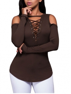Fashion Long Sleeve Cut-out Shoulder Ribbed Top