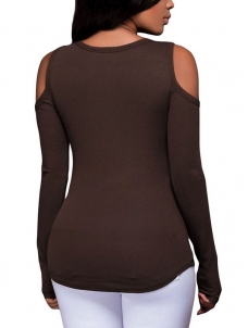 Fashion Long Sleeve Cut-out Shoulder Ribbed Top