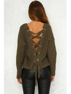 Green Lace-Up Back V-Neck Loosing Sweaters