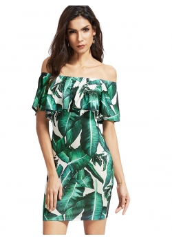 Green Sexy Flounce Layered Neckline Flower Print Dress