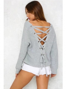 Grey Lace-Up Back V-Neck Loosing Sweaters
