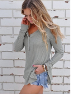 Grey Long Sleeves Side Split Knitting Tops