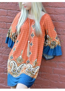 Orange Boho Print Off Shoulder Floral Dress