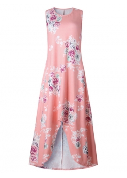 Pink Maxi Dress Boho Round Neck  Dress