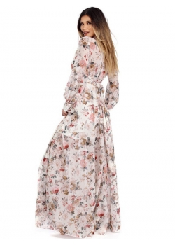 V-Neck Design Long Sleeve Floral Maxi Dress