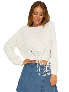 White Sexy Lace-Up Crop Sweaters