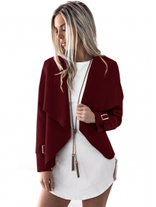 Wine Red Long Sleeve Plain Jacket with Turndown Collar