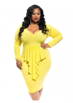 Yellow Knotted Slit Long Sleeve Plus Dress