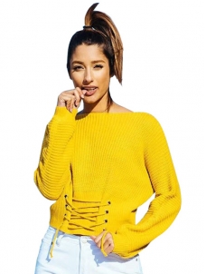 Yellow Sexy Lace-Up Crop Sweaters