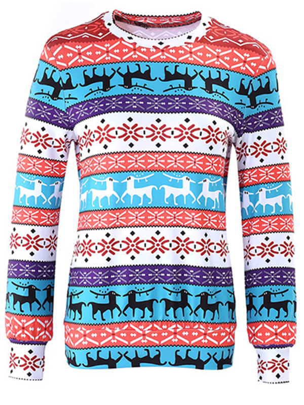  Multicolor XS-XL Loose Reindeer Snowflake Printed Blouses