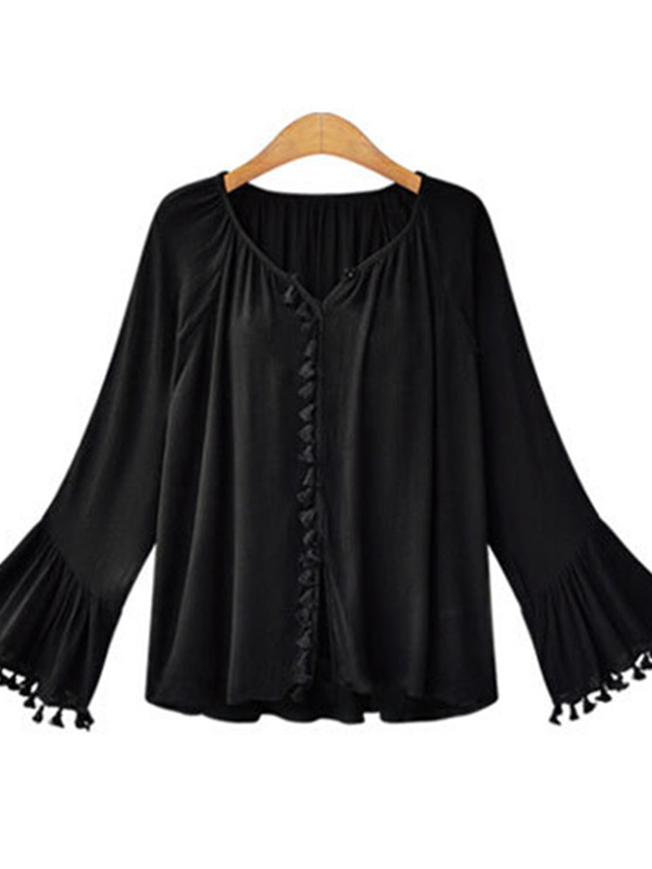 2 Colors M-XL Ruching Trumpet Sleeve Blouse