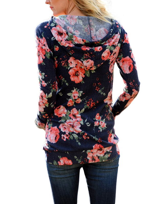 2 Colors S-XXL Loose Fitting Floral Printed Hooded 