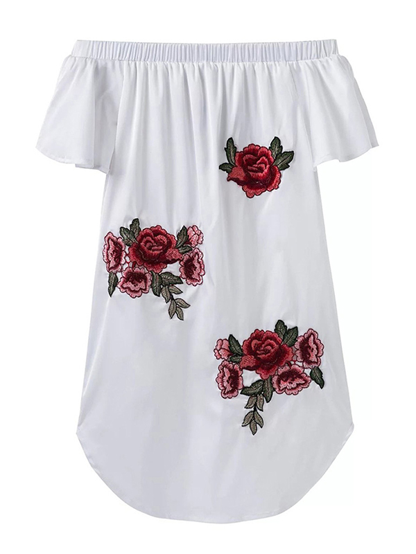 3 Colors S-XL Off-Shoulder Flower Embroidery Blouses