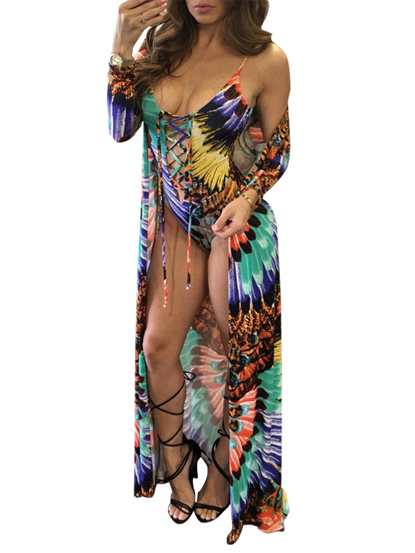 3 Colors S-XL Sexy One Piece Print Swimwear and Overalls