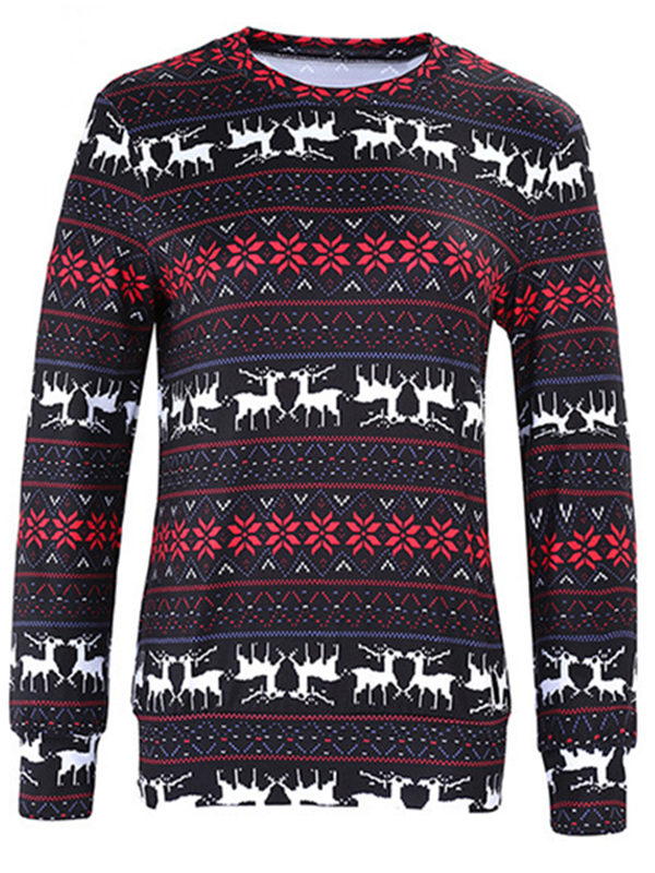 Black XS-XL Casual Long Sleeve Christmas Elk Blouses