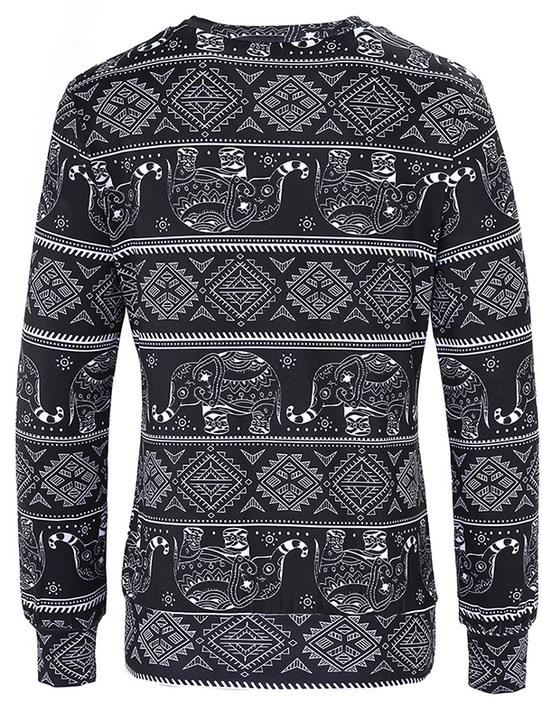 Black XS-XL Stylish Elephants Print Pullover Blouses