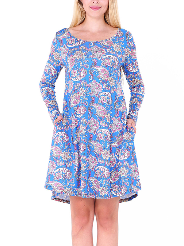 Blue S-XL Round Neckline Casual Dress