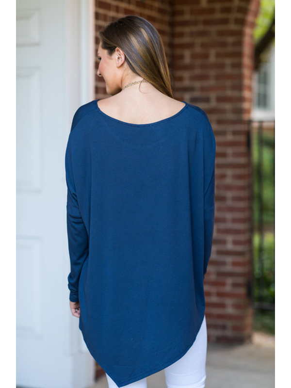Blue S-XL Round Collar Long Sleeve Blouse