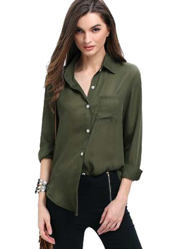 Green S-XL Long Sleeve Shirt Blouse