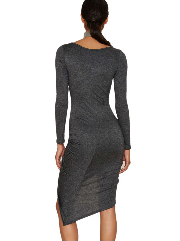 Grey S-XL Elegant Low Collar Ruched Mini Dress