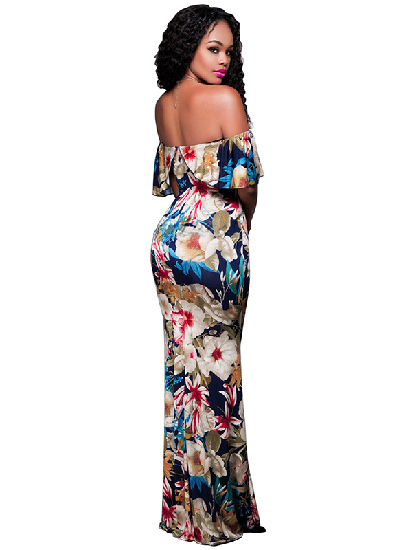 Multi-color Floral Print Off Shoulder Maxi Dress