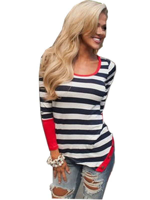 Red S-XL Long Sleeve Stripe Casual Blouse