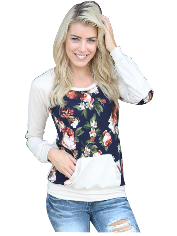 White S-XL Floral Print With Pocket Blouse