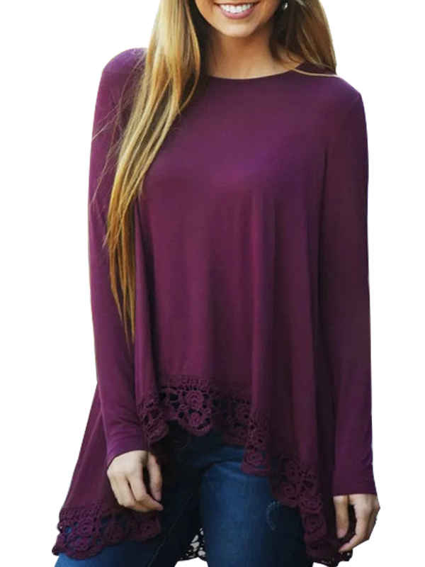 Wind Red S-XL Embroidered Lace Bottom Blouse