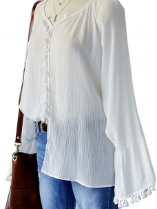 2 Colors M-XL Ruching Trumpet Sleeve Blouse