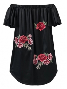 3 Colors S-XL Off-Shoulder Flower Embroidery Blouses