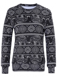 Black XS-XL Stylish Elephants Print Pullover Blouses
