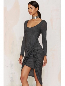 Grey S-XL Elegant Low Collar Ruched Mini Dress