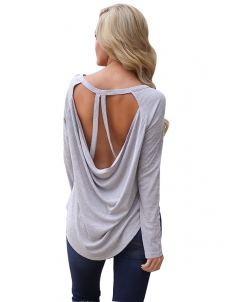 Grey S-XL Long Sleeve Sexy Backless Blouse