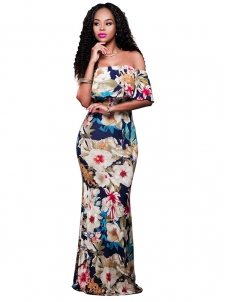 Multi-color Floral Print Off Shoulder Maxi Dress