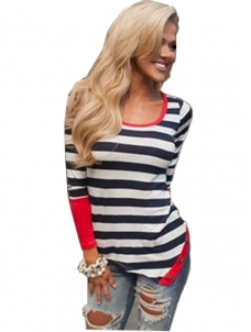 Red S-XL Long Sleeve Stripe Casual Blouse