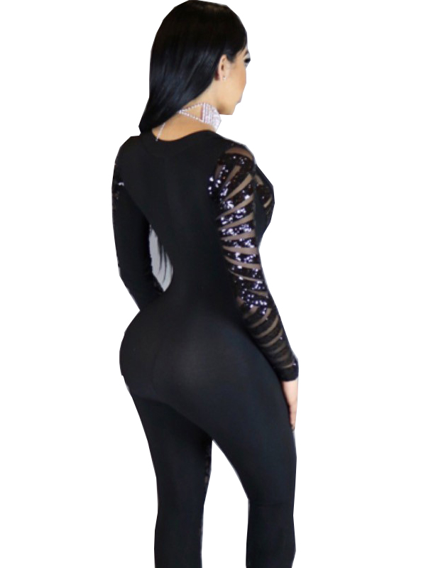 Black S-XL Sexy V-Neck Sequins Plung Jumpsuit